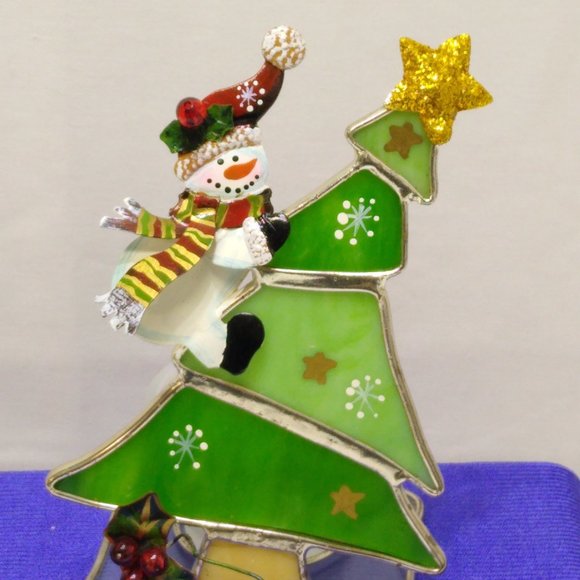 Snowman Christmas Tree Stained Glass Votive Silver Plated Item# 4003675 VTG - Picture 2 of 9